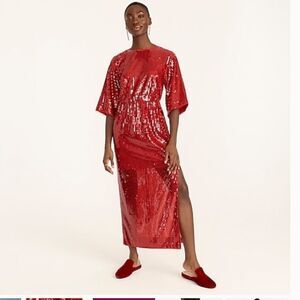 NWT women’s J CREW holiday RED sequin v back 3/4 sleeves w slit midi dress sz 6